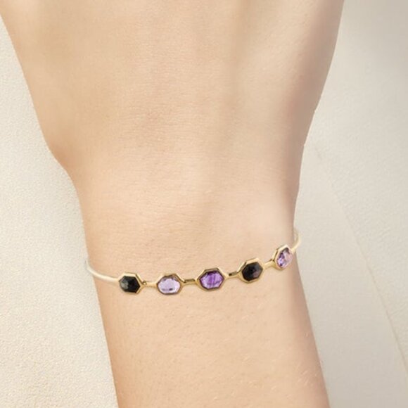 IPPOLITA 18K YG 750 MOTHER OF PEARL- QUARTZ DOUBLET & AMETHYST BANGLE BRACELET - Picture 7 of 7